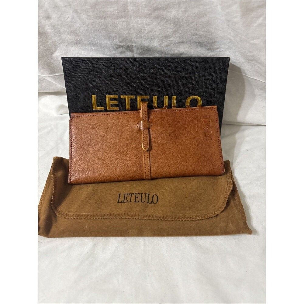 Leteulo  Genuine Leather Trifold Wallet Clutch Organizer Coffee Brown